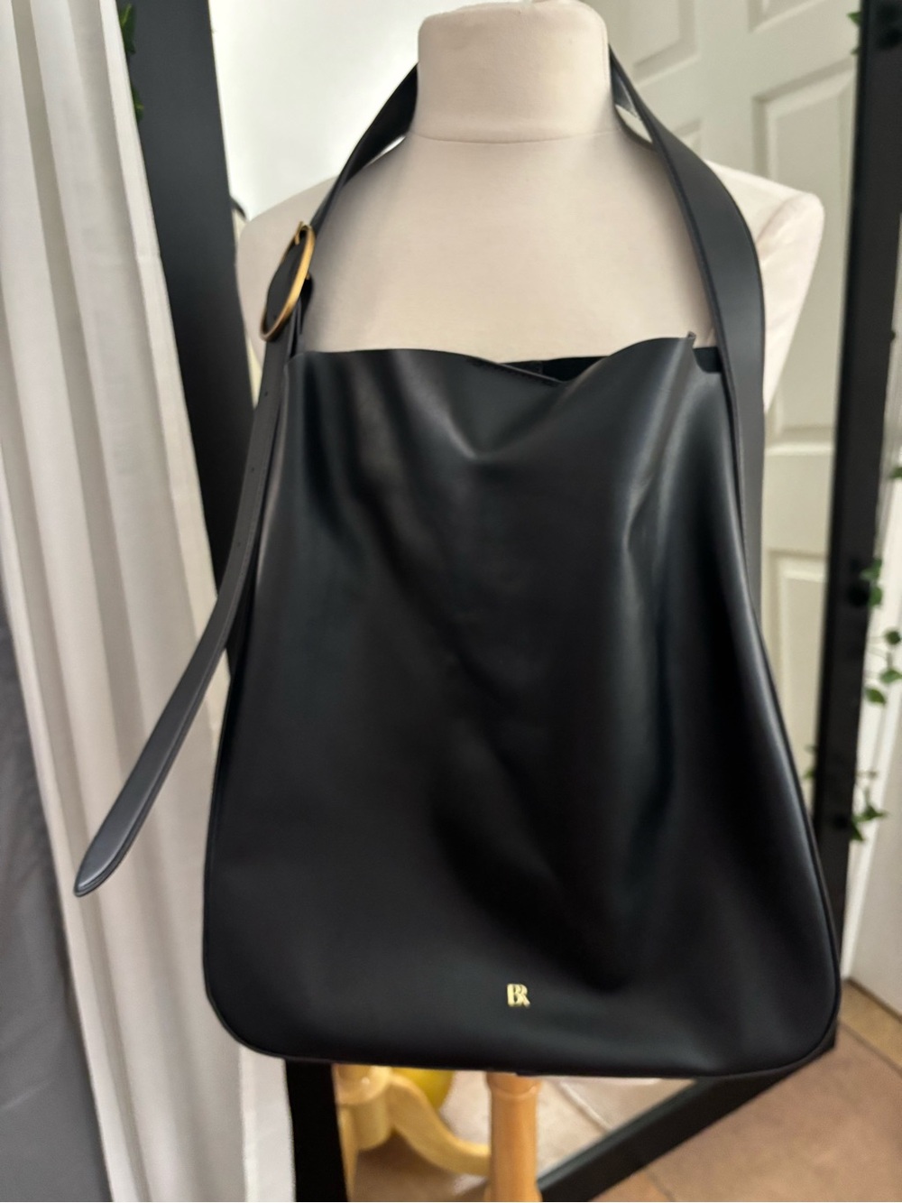 Banana Republic Black Leather Shoulder Bag with Gold Accent